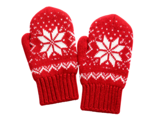 Red and white Christmas mittens with Nordic knit pattern, isolated PNG