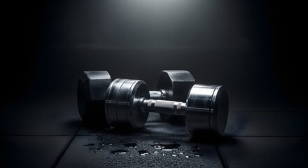 A pair of heavy dumbbells resting on a wet dark surface.