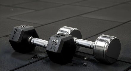 Two dumbbells resting on a dark rubber gym floor one black and one silver.