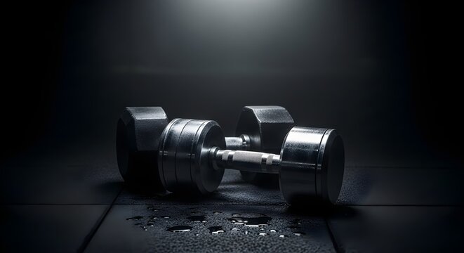 A pair of heavy dumbbells resting on a wet dark surface.