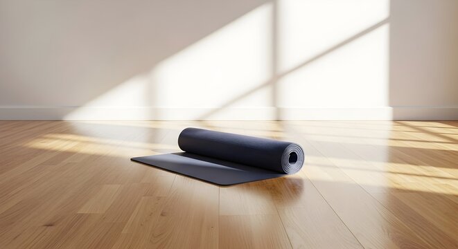 A yoga mat is rolled up on a wooden floor in a brightly lit room.