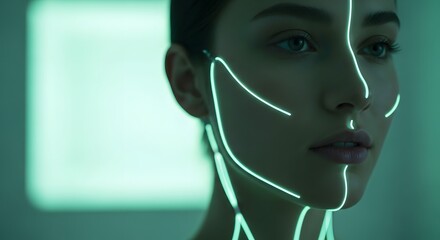 Woman's biometric facial scan showing glowing future technology