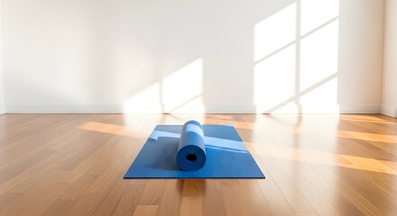 A blue yoga mat is rolled out on a wooden floor in a bright sunny room.