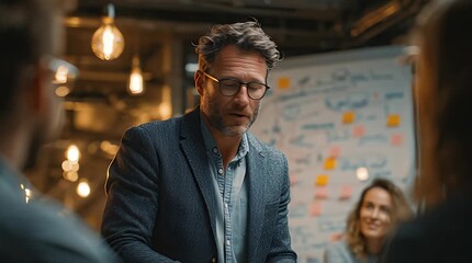 Startup Founder Pitching Innovative Idea to Small Team in Collaborative Office Setting