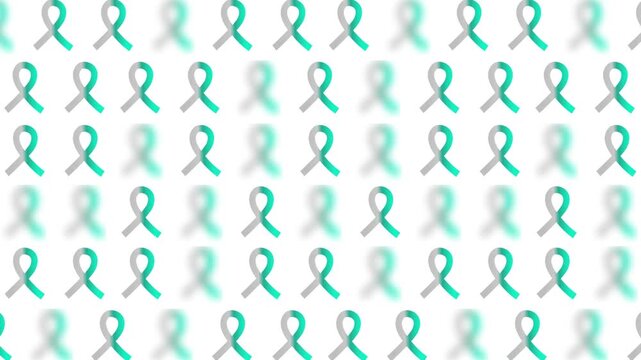 seamless pattern with teal white cervical cancer awareness month glossy satin ribbon sign symbol geometric motif background, animated ribbon bow random blurred popup video motion graphics white bg