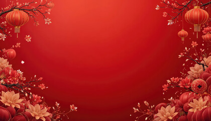Festive Red Backdrop With Lanterns And Blossoms For Chinese New Year Celebration.