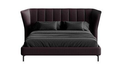 Bed with a black leather headboard, blanket, and pillows.
