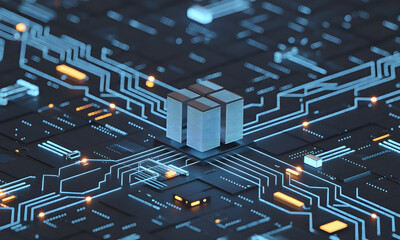 Futuristic CPU Microprocessor on a Circuit Board with Glowing Digital Connections.