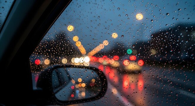 Driving in the rain at night with city lights visible through the car window. - Powered by Adobe
