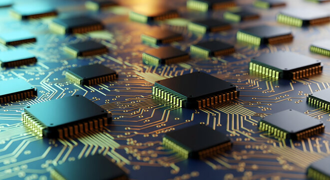 Futuristic circuit board with glowing microchips and processors.