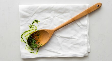 A wooden spoon coated with pesto rests on a white cloth creating a stain.