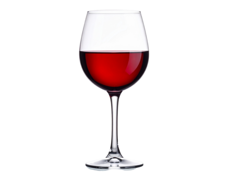 Transparent wine glass filled with red wine, isolated PNG