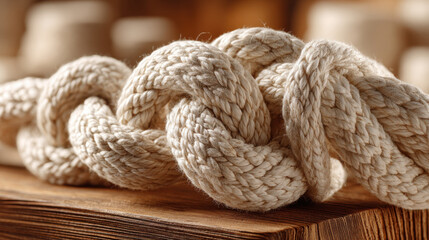 Close-up of a decorative rope knot on a wooden surface, nautical theme. This image showcases a detailed view of a rope knot, perfect for nautical or craft-related projects