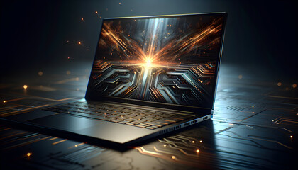 Powerful futuristic laptop with glowing abstract technology on screen.