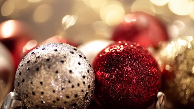 Seasonal holiday decorations featuring glittery glass ornaments in silver, red, and gold resting against warm bokeh lights, creating a festive mood for Christmas celebrations
