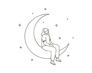Person Sitting Peacefully on a Crescent Moon — Line Art Illustration