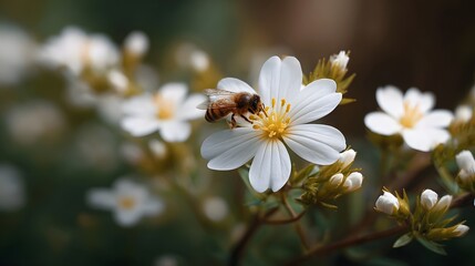 A bee collects pollen from a delicate white flower with a yellow center surrounded by a blurred natural background