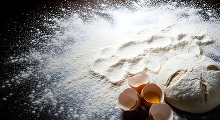 A ball of dough cracked eggs and scattered flour on a dark surface