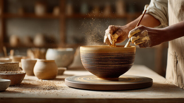 Potter carefully applying glaze to a handmade ceramic bowl in a workshop. A skilled artisan meticulously works on a pottery piece, showcasing the beauty of craftsmanship
