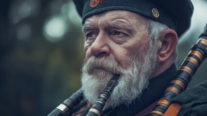 An elderly bagpiper plays a beautiful melody outdoors. The rich sound resonates through the air. Witness the emotion and passion he brings to music. Generative AI