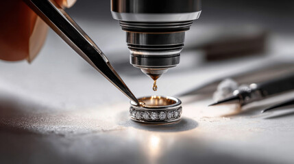 Jeweler carefully working on a diamond ring with precision tools and equipment. A close-up view shows a jeweler's hands meticulously crafting beautiful diamond ring, showcasing art of jewelry making