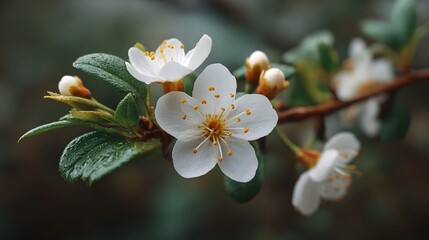 Delicate white blossoms with yellow centers and green stems on a branch symbolizing spring