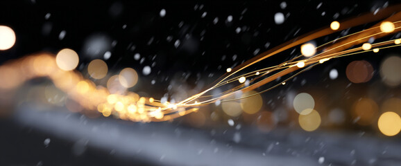 Abstract close-up of glowing golden light trails with bokeh and falling snowflakes on dark blurred background