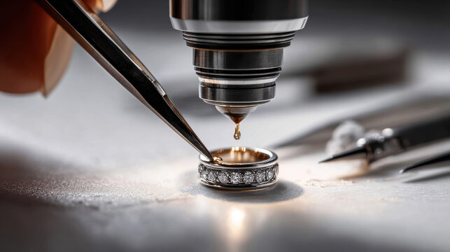 Jeweler carefully working on a diamond ring with precision tools and equipment. A close-up view shows a jeweler's hands meticulously crafting beautiful diamond ring, showcasing art of jewelry making - Powered by Adobe