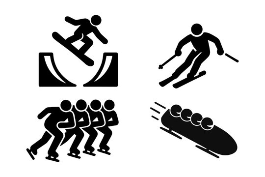 Black silhouette icons of winter sports: snowboarding halfpipe, alpine skiing, speed skating, and bobsleigh.