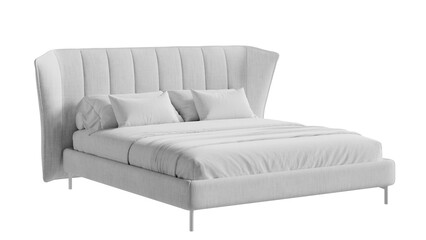 White bed with a white blanket and pillows on a transparent background.