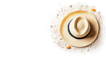 Wide-brimmed straw hat on sandy surface  on transparent background