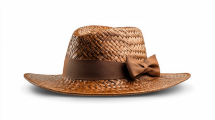 Vintage Straw Hat with Brown Ribbon and Bow  on transparent background
