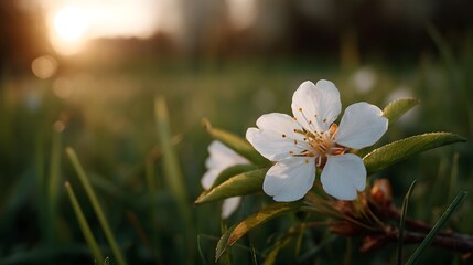 A delicate white blossom stands tall in a sunlit grassy meadow during the golden hour