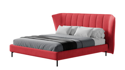 Bed with a red headboard on a transparent background.
