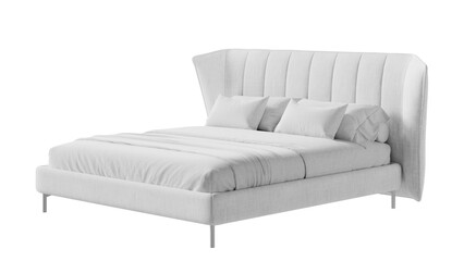 White bed with a white headboard and white sheets. Furniture for colleges, marketing, and presentations.
