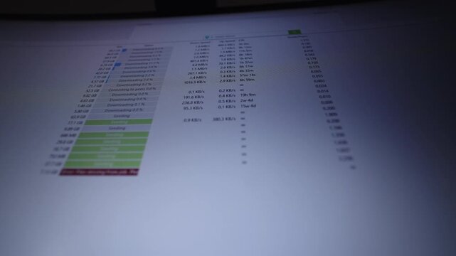Low-angle view of computer screen showing torrent client software with multiple files seeding, one file displaying error files missing from job, please recheck, close-up. Shooting in slow motion.
