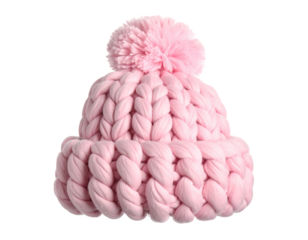 Chunky knit pom-pom beanie in pastel pink, isolated PNG