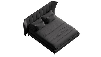 Black bed with a black headboard and black sheets.