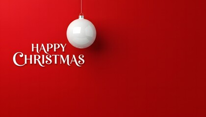 Elegant white christmas ornament hangs above golden happy christmas text on a vibrant red background with copy space