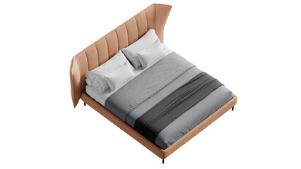Modern double bed with bedding on an isolated background.