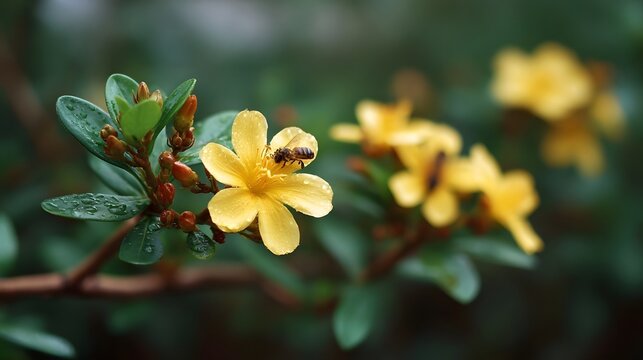 A bee gathers nectar from a delicate yellow flower adorned with water droplets surrounded by lush green foliage and hints of rain - Powered by Adobe