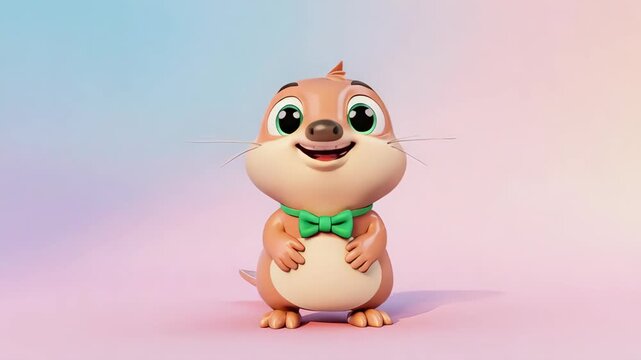 A cartoon otter wearing a green bowtie smiles happily
