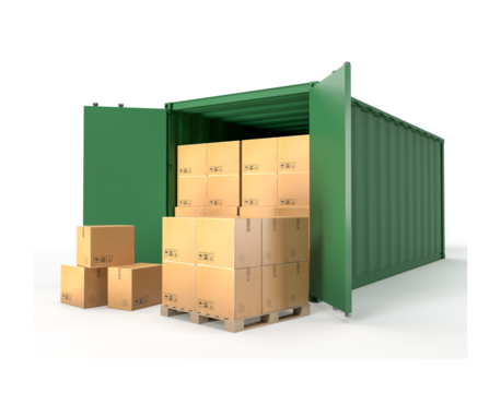 Logistics Hub: A vibrant, open shipping container showcases a neat arrangement of packaged boxes, set to kickstart a global distribution network.