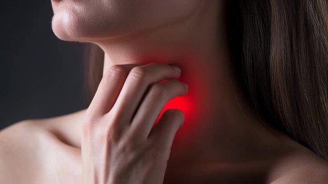 Close up of a person pressing on their sore throat with a red heated area along the neck and jawline, conveying throat pain, irritations, and the importance of medical evaluation