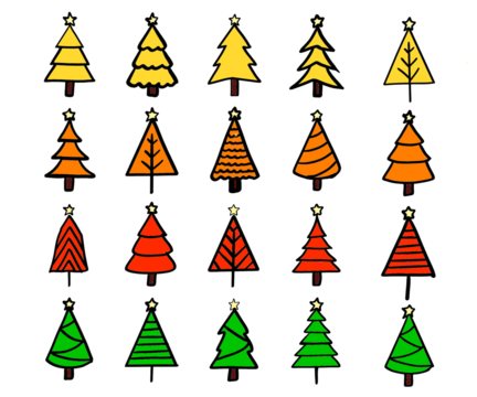 Set of hand-drawn Christmas trees in colorful doodle style. Festive winter clipart perfect for holiday design, Xmas decorations, greeting cards, stickers, patterns and seasonal illustrations.