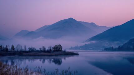 Quiet lake with mountain mist and reflection in serene purple morning sky. peaceful, tranquil, and dreamy atmospheric landscape view