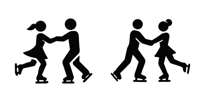 Couples figure skating in synchronized poses, performing elegant moves on ice.