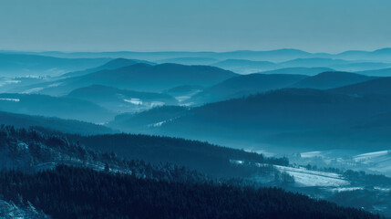 Naklejka premium Serene blue mountain landscape with rolling hills covered in haze and fog. calm, moody, and cold winter scene showing nature vast beauty