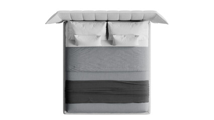 Top view of a white bed on an isolated background. Furniture for collages, graphics designs, and presentations.