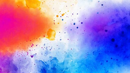 Abstract watercolor background with vibrant orange, pink, purple, and blue color blends, soft gradients, and energetic paint splatters, ideal for creative design projects.